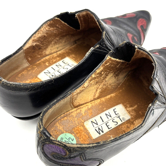 Vintage 80s Nine West Black Leather Reptile Inlay Point Toe Ankle Booties 7.5M - Picture 10 of 16